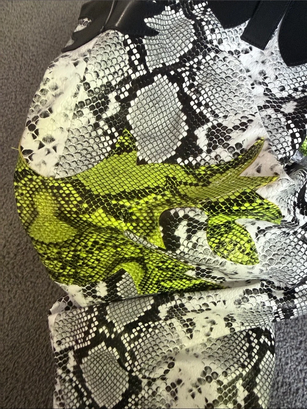 Slouch thigh high cowboy boots, white lime snake. 3.5” stacked Heel. Size 7.5